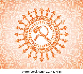 sickle and hammer icon inside abstract orange mosaic emblem with background
