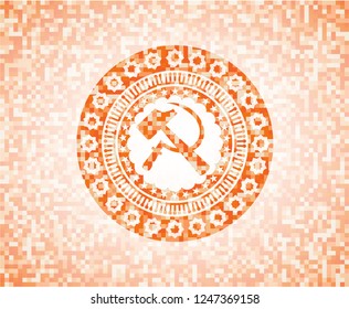 sickle and hammer icon inside abstract orange mosaic emblem