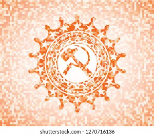 sickle and hammer icon inside abstract orange mosaic emblem