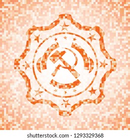 sickle and hammer icon inside abstract emblem, orange mosaic background