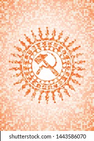 sickle and hammer icon inside abstract orange mosaic emblem with background