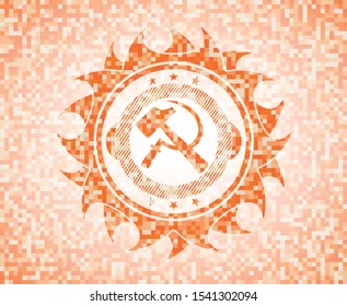 sickle and hammer icon inside abstract orange mosaic emblem with background