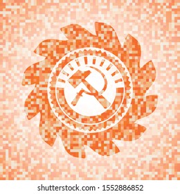 sickle and hammer icon inside abstract orange mosaic emblem with background