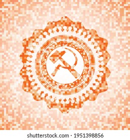 sickle and hammer icon inside abstract emblem, orange mosaic background. 