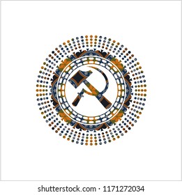 sickle and hammer icon inside arabesque style badge. arabic decoration.