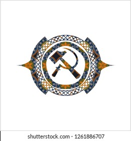 sickle and hammer icon inside arabesque style emblem. arabic decoration.
