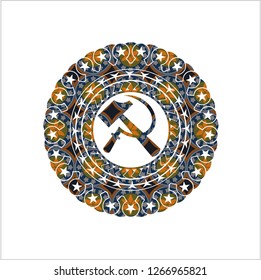 sickle and hammer icon inside arabesque emblem. arabic decoration.