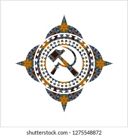 sickle and hammer icon inside arabesque badge. arabic decoration.