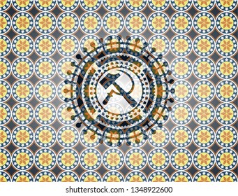 sickle and hammer icon inside arabesque badge background. arabic decoration.