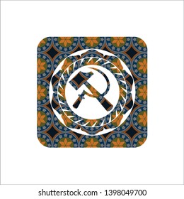 sickle and hammer icon inside arabesque badge background. arabic decoration.