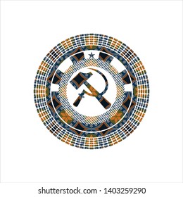sickle and hammer icon inside arabesque emblem background. arabic decoration.