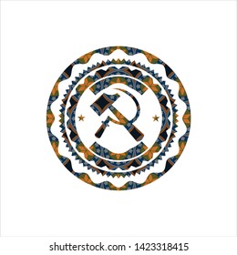sickle and hammer icon inside arabesque style badge. arabic decoration.
