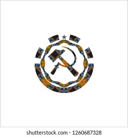 sickle and hammer icon inside arabic style emblem. Arabesque decoration.