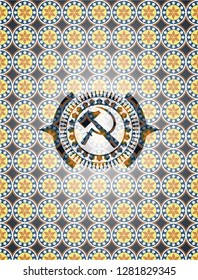sickle and hammer icon inside arabic emblem background. Arabesque decoration.