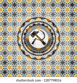 sickle and hammer icon inside arabic badge background. Arabesque decoration.