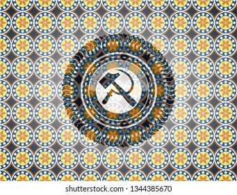 sickle and hammer icon inside arabic badge. Arabesque decoration.