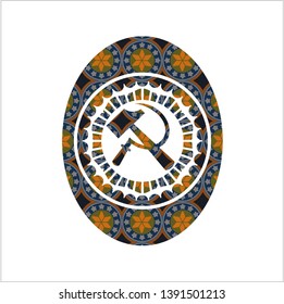 sickle and hammer icon inside arabic emblem background. Arabesque decoration.