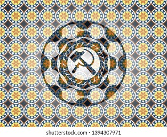 sickle and hammer icon inside arabic badge. Arabesque decoration.