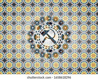 sickle and hammer icon inside arabic emblem background. Arabesque decoration.