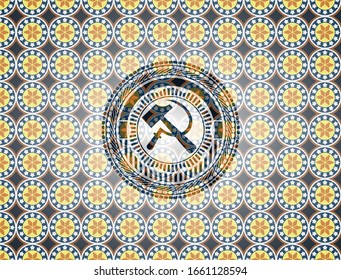 sickle and hammer icon inside arabic badge background. Arabesque decoration.