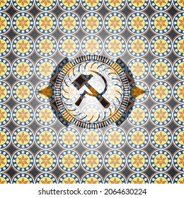 sickle and hammer icon inside arabic badge. Arabesque decoration. 