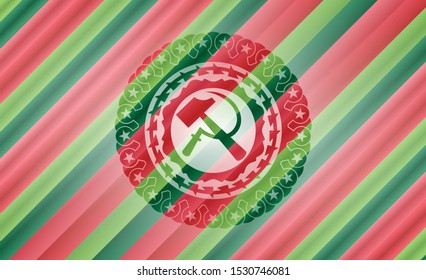 sickle and hammer icon inside christmas badge background.