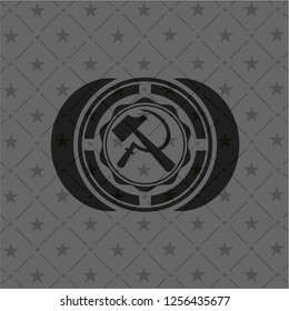 sickle and hammer icon inside dark emblem. Retro