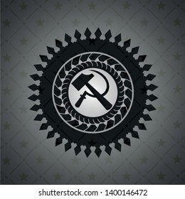 sickle and hammer icon inside dark emblem. Retro