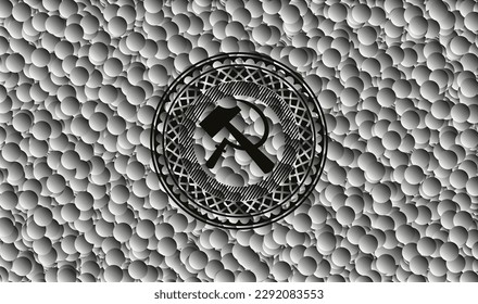 sickle and hammer icon inside dark emblem with bubbles background. Retro. Vector Illustration. Detailed. 