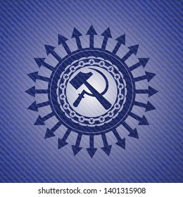 sickle and hammer icon inside emblem with denim high quality background