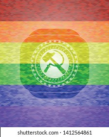 sickle and hammer icon inside emblem on mosaic background with the colors of the LGBT flag