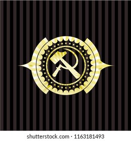 sickle and hammer icon inside gold emblem