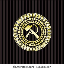 sickle and hammer icon inside gold shiny badge
