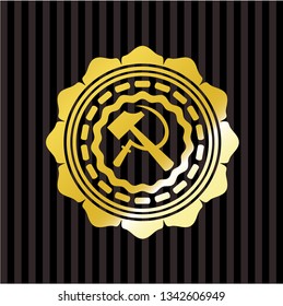 sickle and hammer icon inside gold shiny emblem