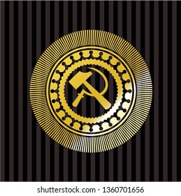 sickle and hammer icon inside gold shiny badge
