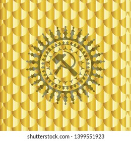 sickle and hammer icon inside gold emblem or badge. Scales pattern. Vector Illustration. Detailed.