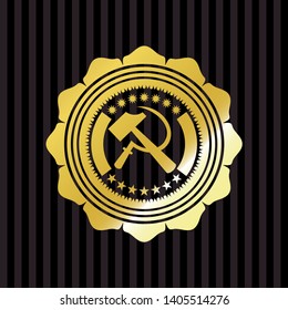 sickle and hammer icon inside gold emblem