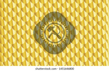 sickle and hammer icon inside gold shiny badge. Scales pattern. Vector Illustration. Detailed.