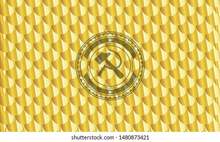 sickle and hammer icon inside gold emblem or badge. Scales pattern. Vector Illustration. Detailed.