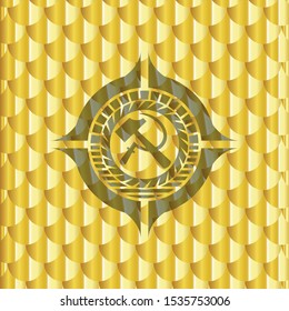 sickle and hammer icon inside gold badge. Scales pattern. Vector Illustration. Detailed.