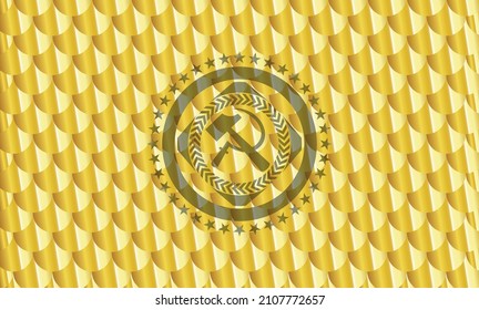 sickle and hammer icon inside gold emblem or badge. Scales pattern. Vector Illustration. Detailed. 