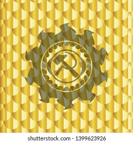 sickle and hammer icon inside golden emblem or badge. Scales pattern. Vector Illustration. Detailed.