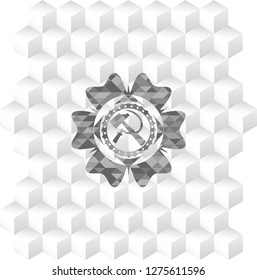 sickle and hammer icon inside grey icon or emblem with geometric cube white background