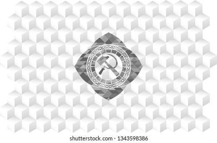 sickle and hammer icon inside grey emblem with cube white background