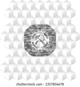 sickle and hammer icon inside grey emblem. Retro with geometric cube white background