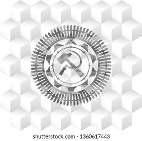 sickle and hammer icon inside grey icon or emblem with geometric cube white background
