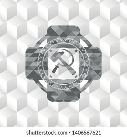 sickle and hammer icon inside grey icon or emblem with geometric cube white background