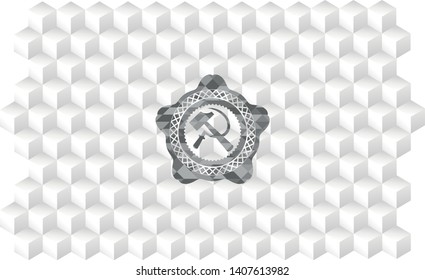sickle and hammer icon inside grey emblem with geometric cube white background