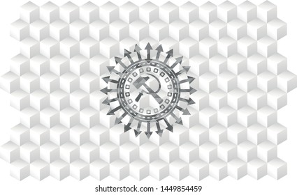sickle and hammer icon inside grey emblem with cube white background