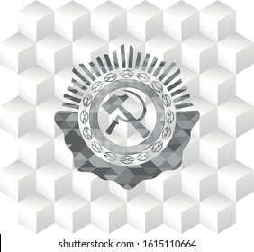sickle and hammer icon inside grey icon or emblem with geometric cube white background